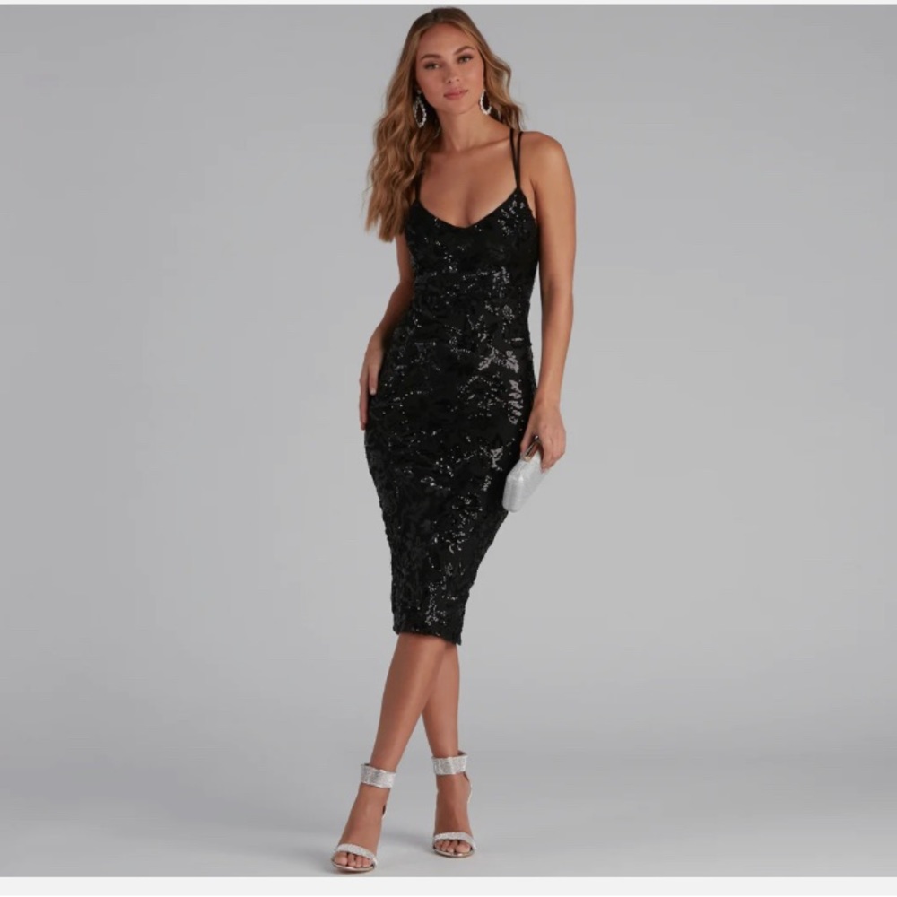 Emely Sequin Mesh Double X-Back Midi Formal Dress